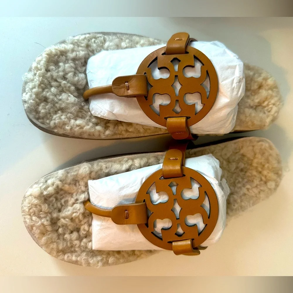 NEW! TORY BURCH Miller Cloud Shearling Logo Slide Sandals - Picture 1 of 8
